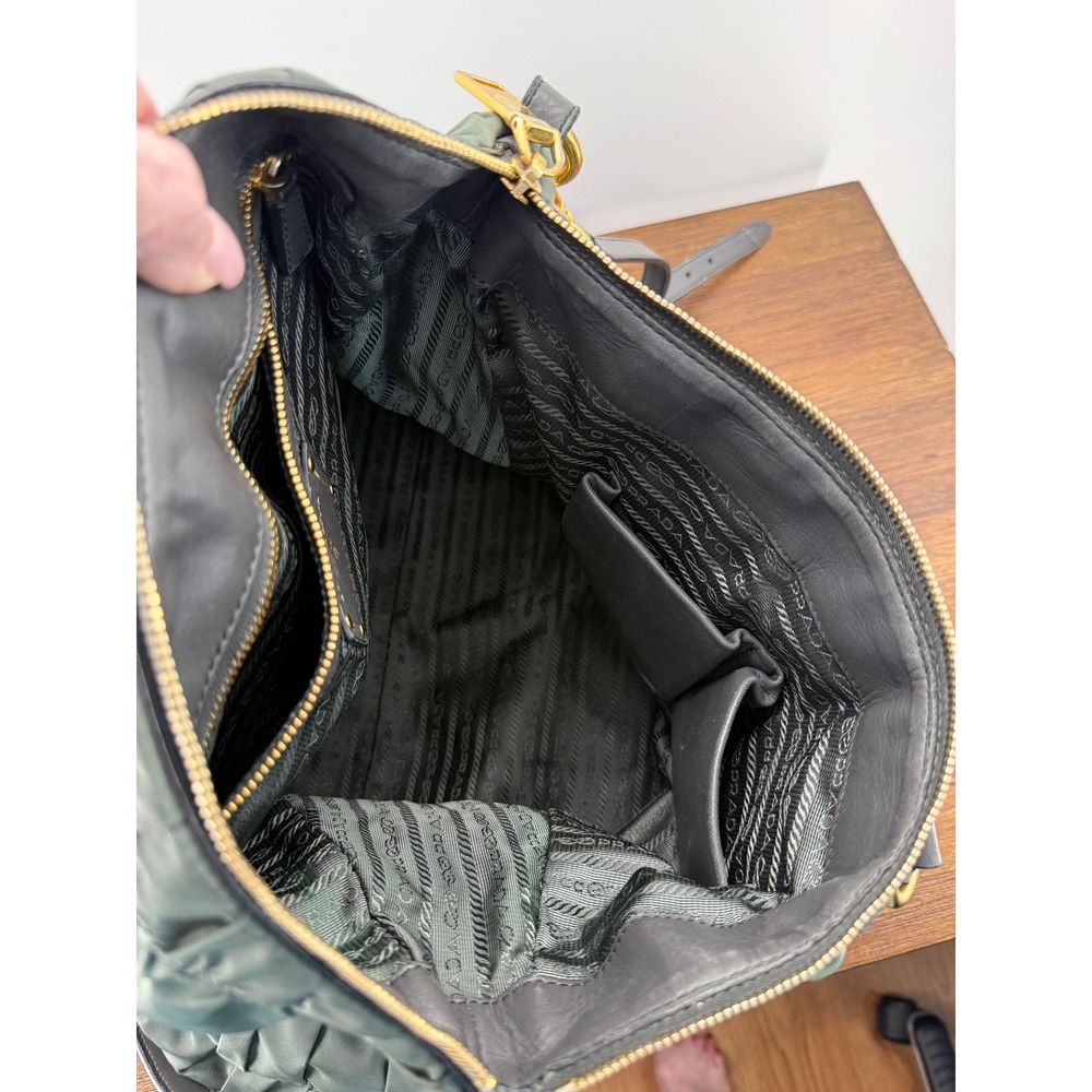Prada Tessuto Gauffre Ruched Nylon Leather Satchel Bag Green Black Gold Hardware - Picture 11 of 11